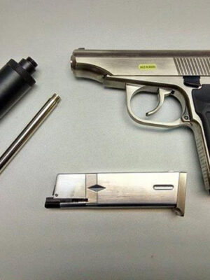 WE WE GBB plynová pistole Makarov s tlumičem – Stříbrná (nikl) – WE